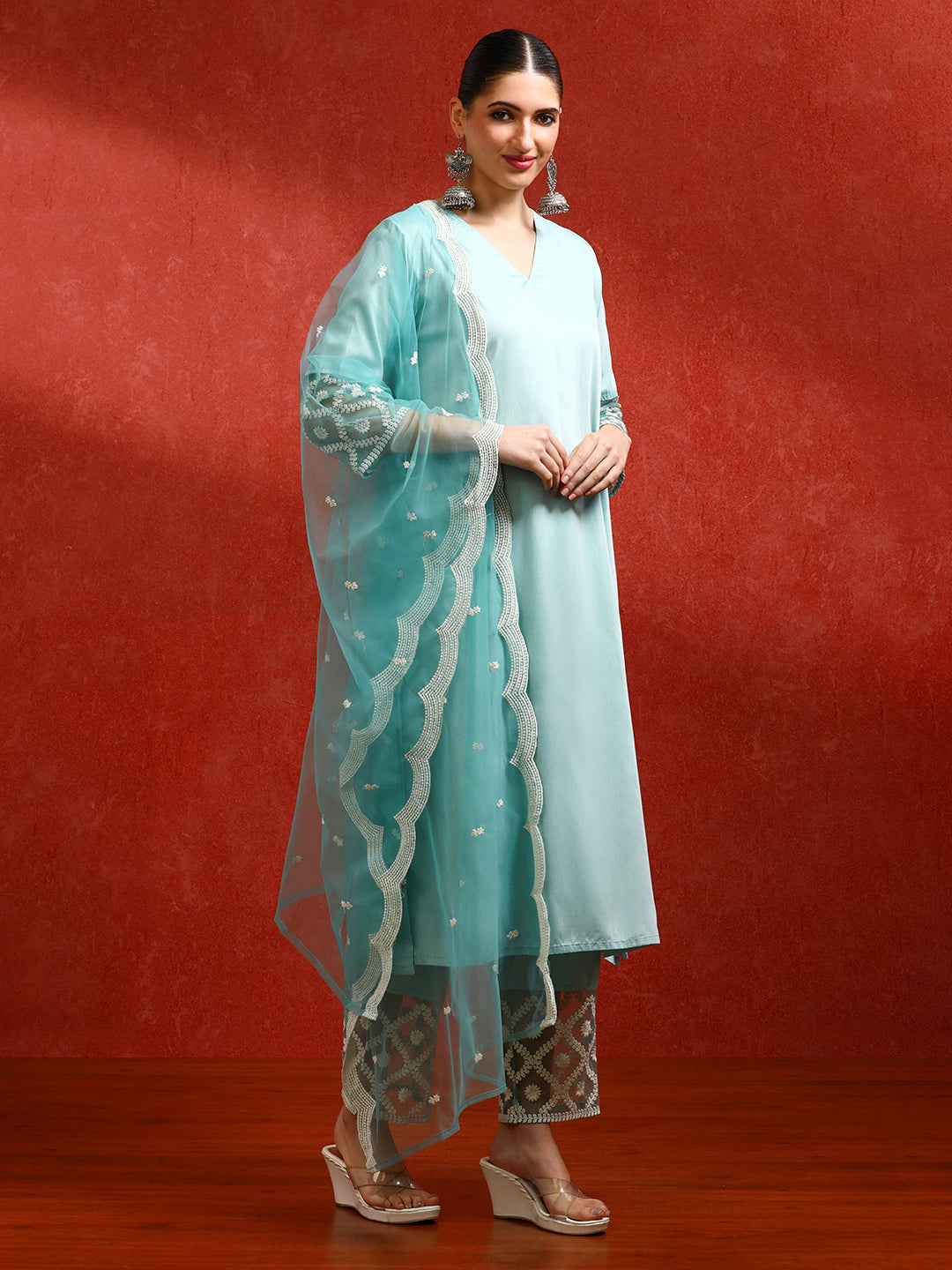 Solid Embroidered Straight Kurta & Trousers Sets