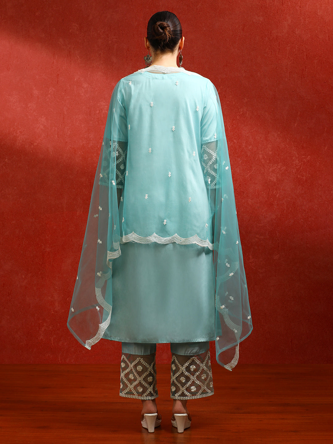 Solid Embroidered Straight Kurta & Trousers Sets