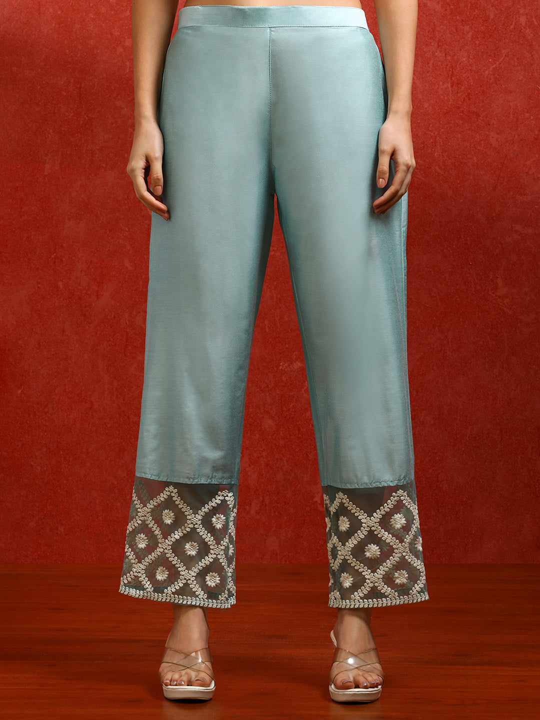 Solid Embroidered Straight Kurta & Trousers Sets