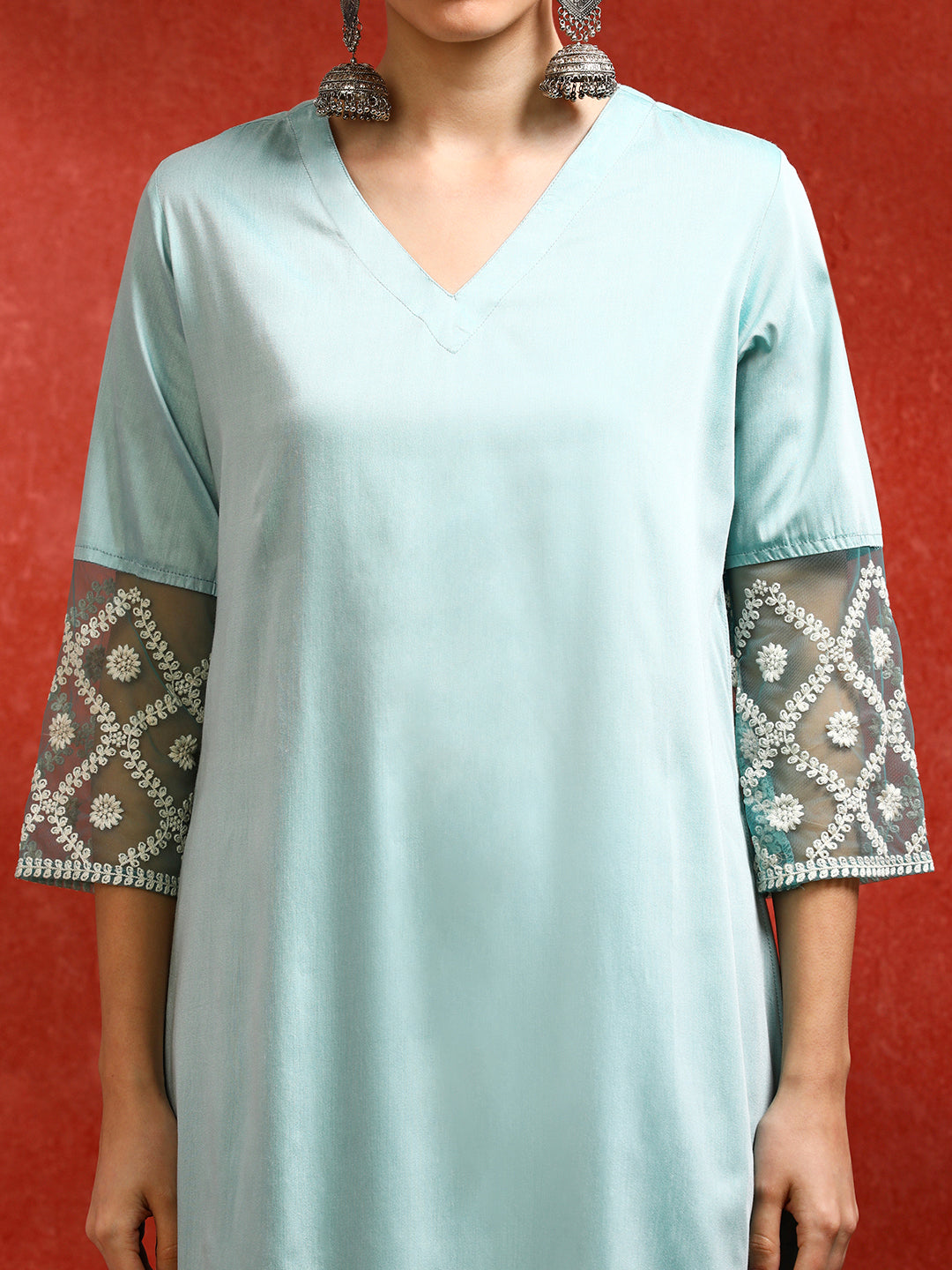 Solid Embroidered Straight Kurta & Trousers Sets