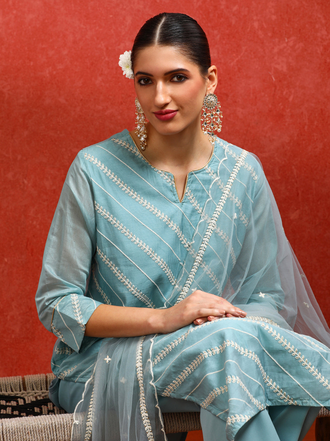 Floral Embroidered Straight Kurta & Trousers Sets