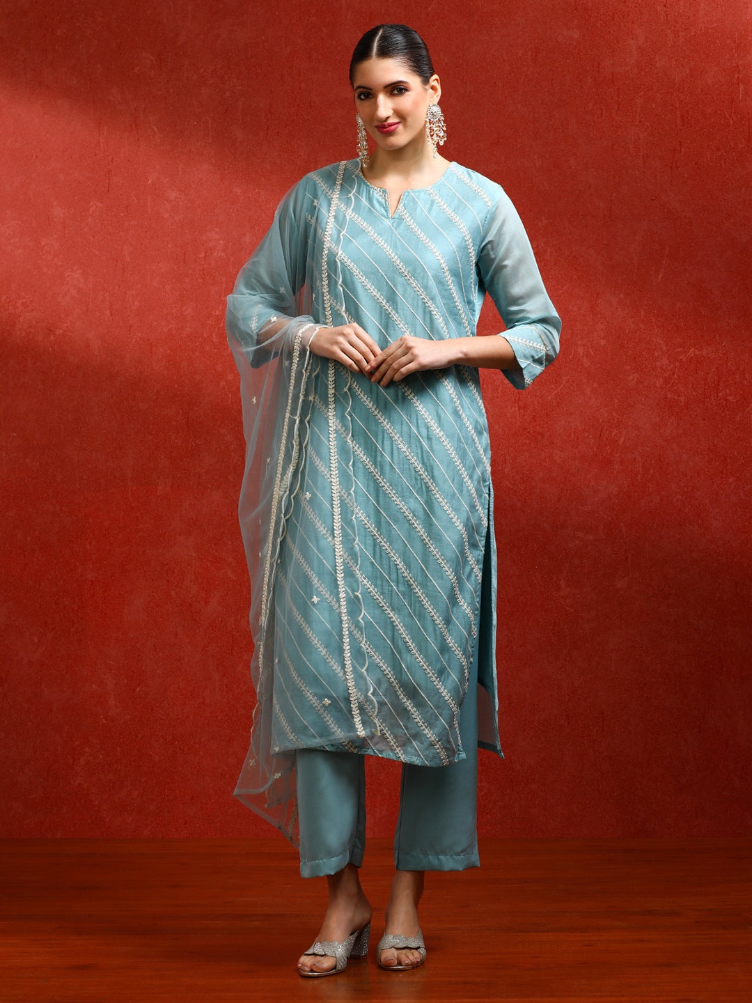 Floral Embroidered Straight Kurta & Trousers Sets