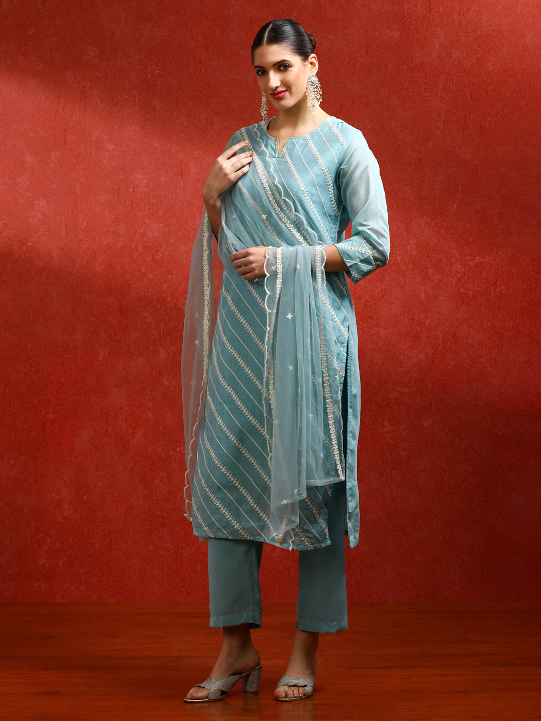 Floral Embroidered Straight Kurta & Trousers Sets
