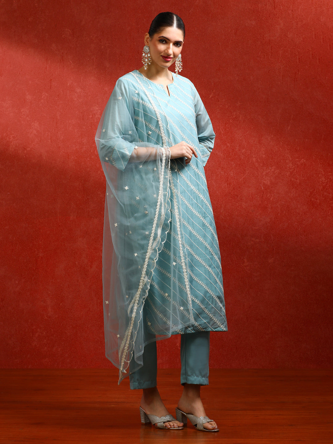 Floral Embroidered Straight Kurta & Trousers Sets