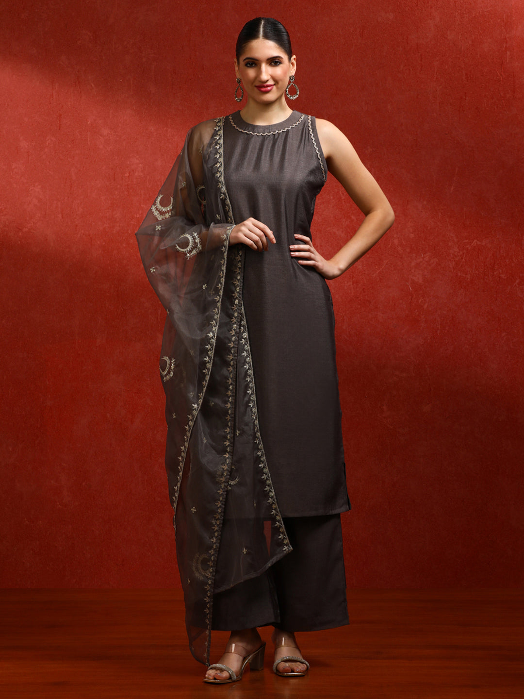Solid Embroidered Straight Kurta & Trousers Sets