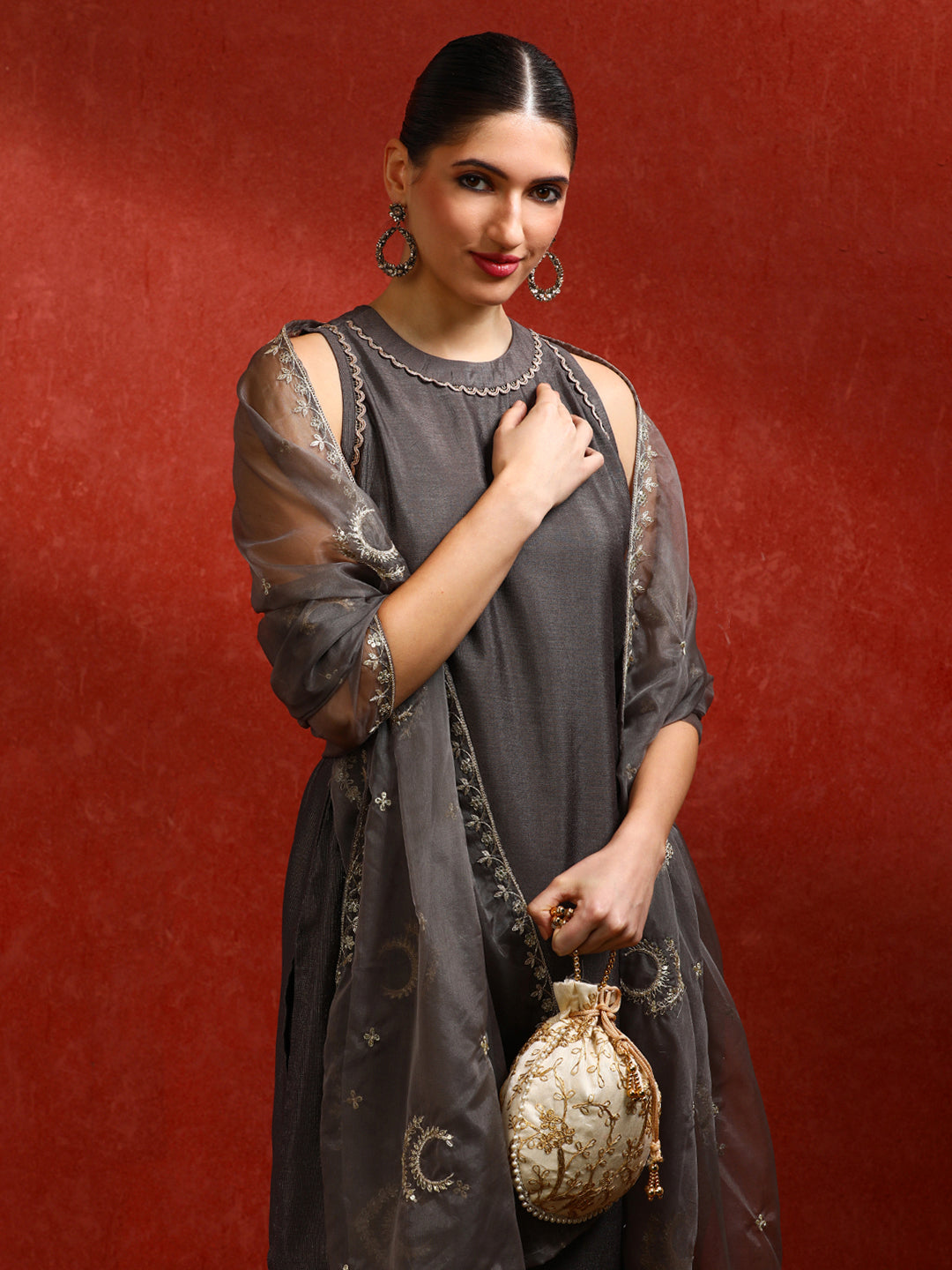 Solid Embroidered Straight Kurta & Trousers Sets