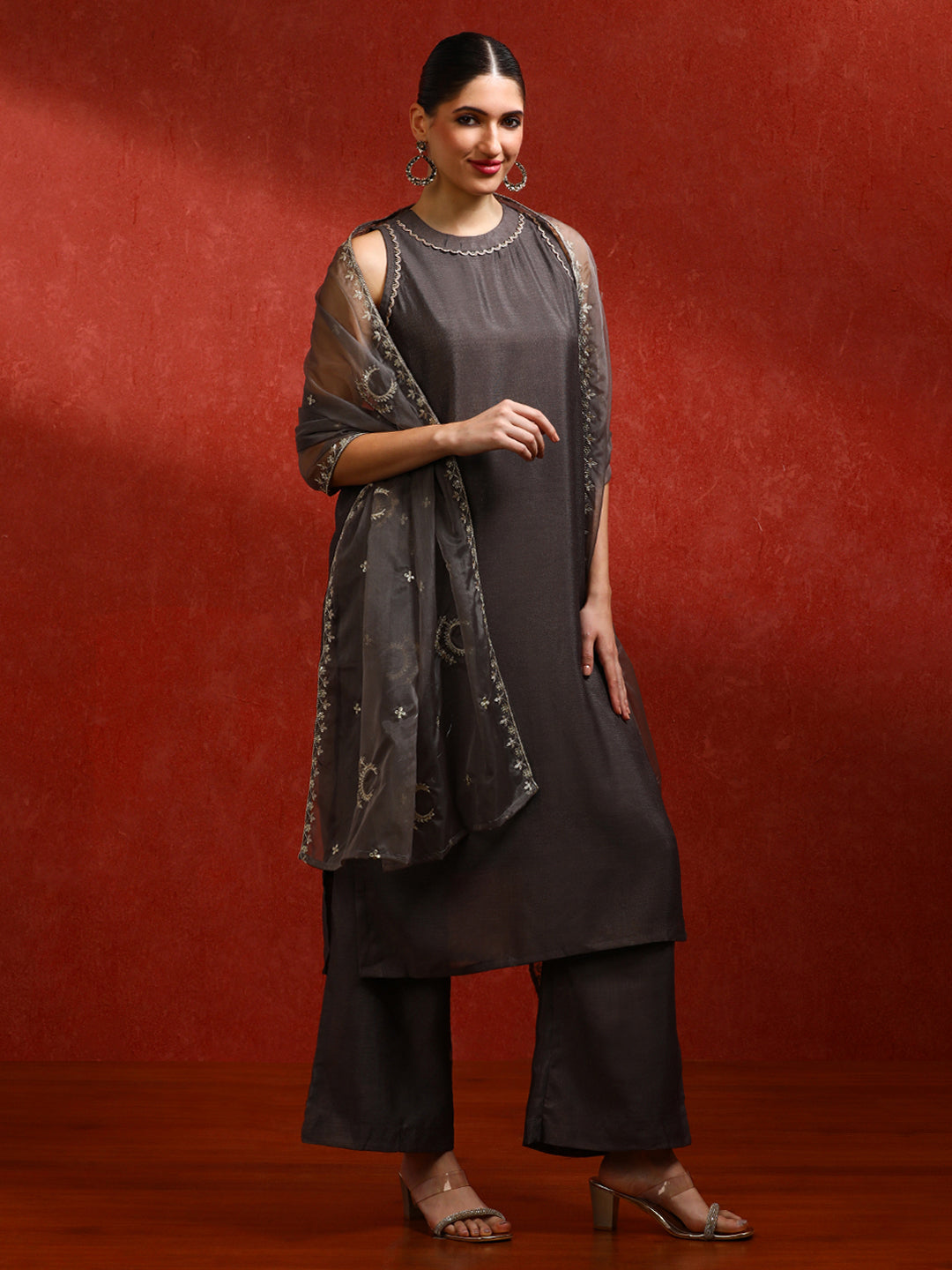 Solid Embroidered Straight Kurta & Trousers Sets