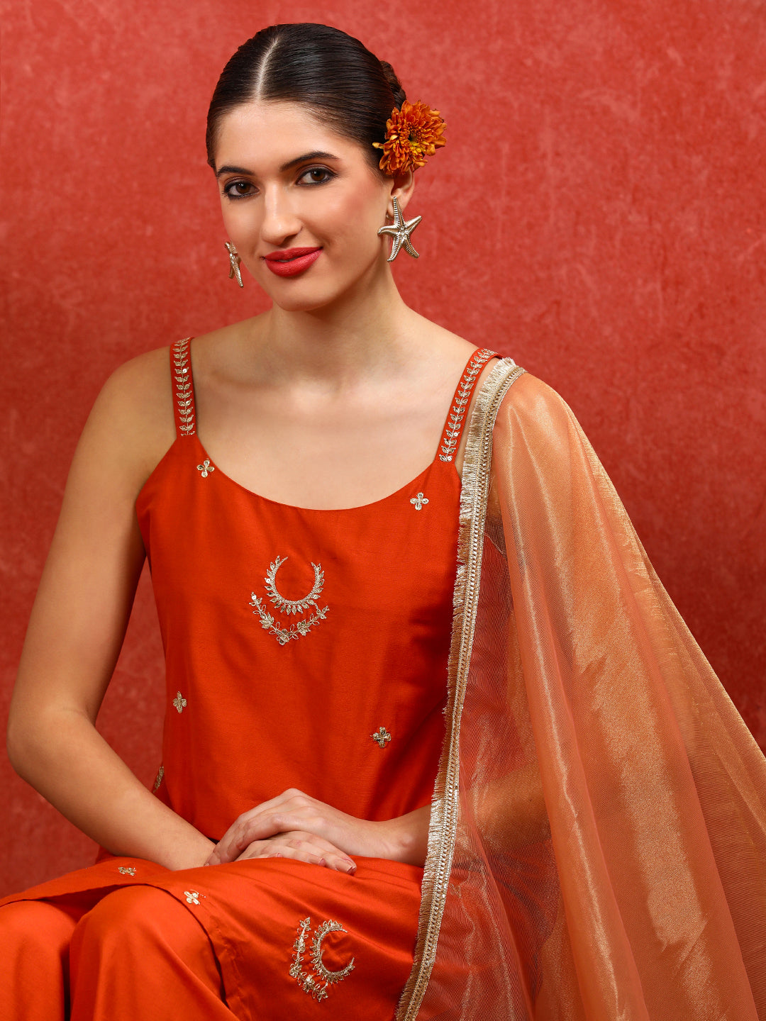 Floral Embroidered Straight Kurta & Trousers Sets