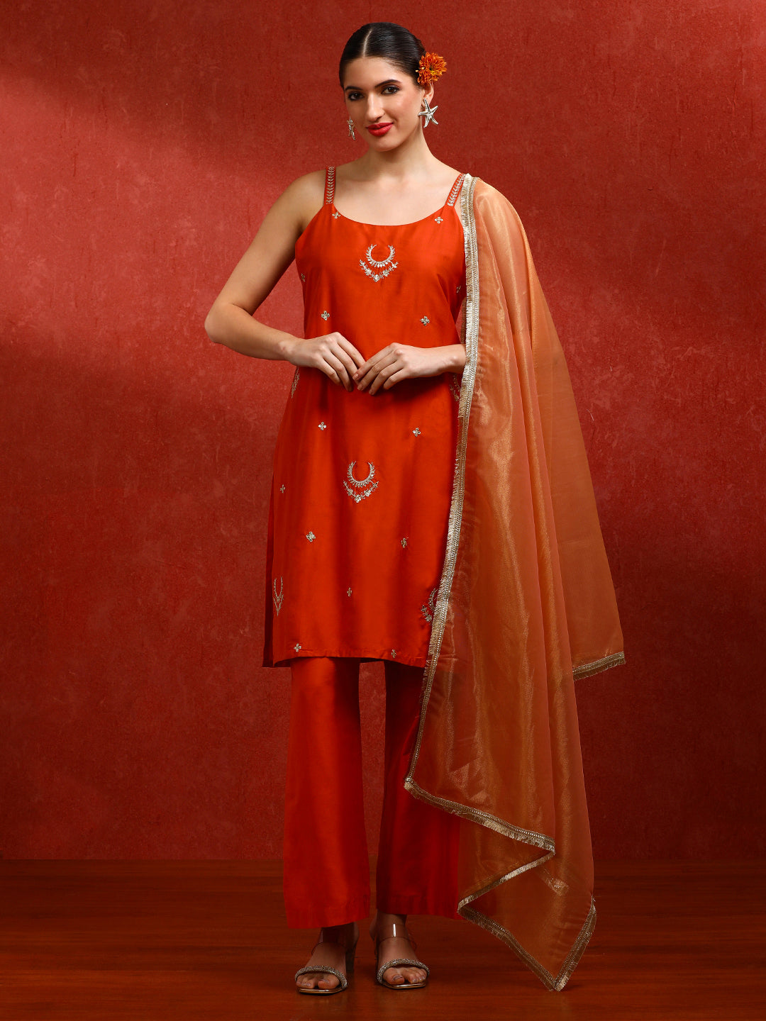 Floral Embroidered Straight Kurta & Trousers Sets