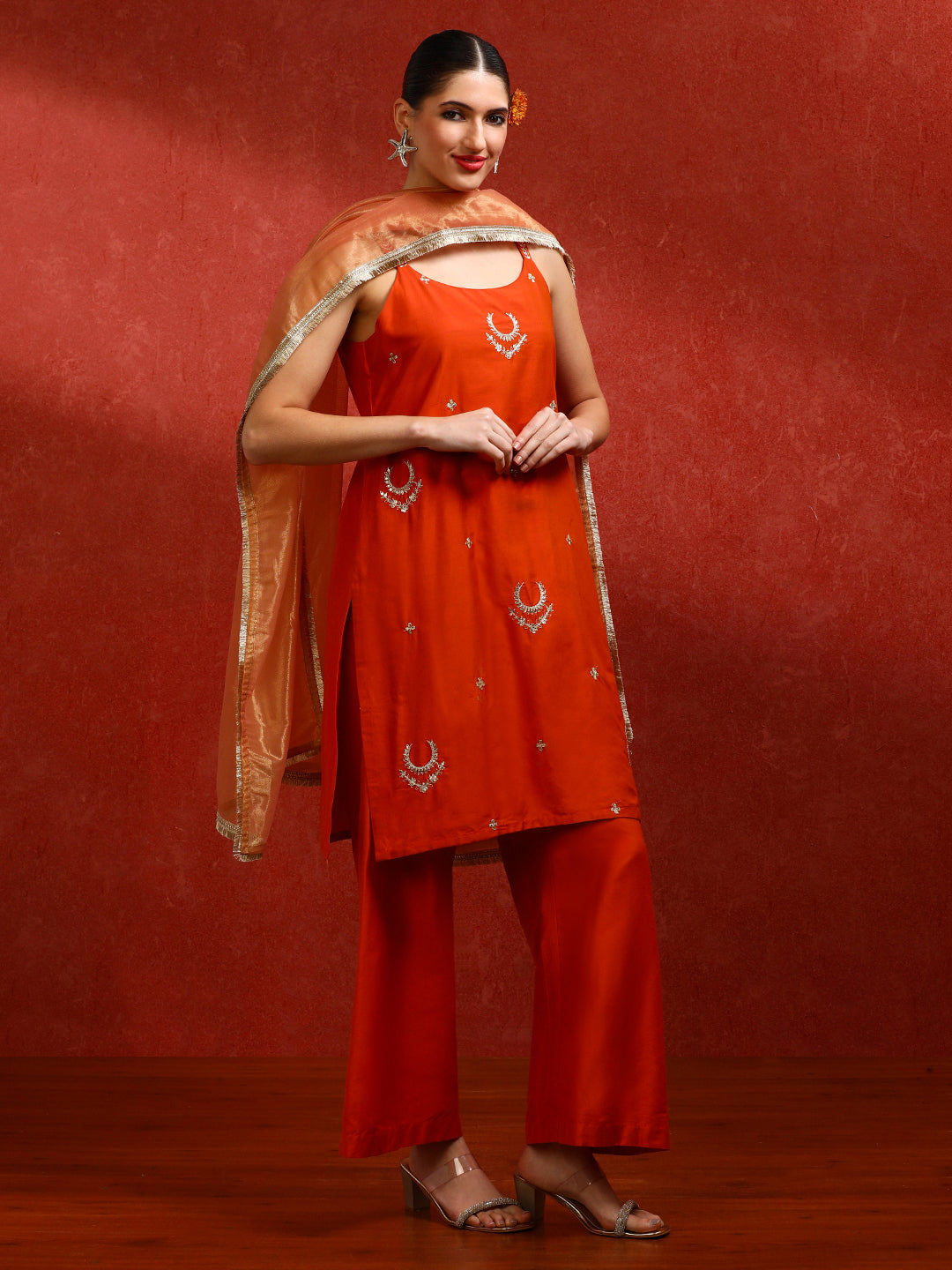 Floral Embroidered Straight Kurta & Trousers Sets