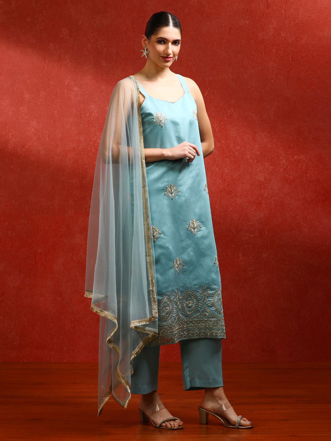 Floral Embroidered A-Line Kurta & Trousers Sets