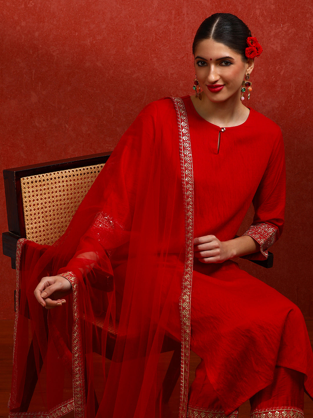 Sequin Embroidered Silk Blend Kurta Set With Net Dupatta