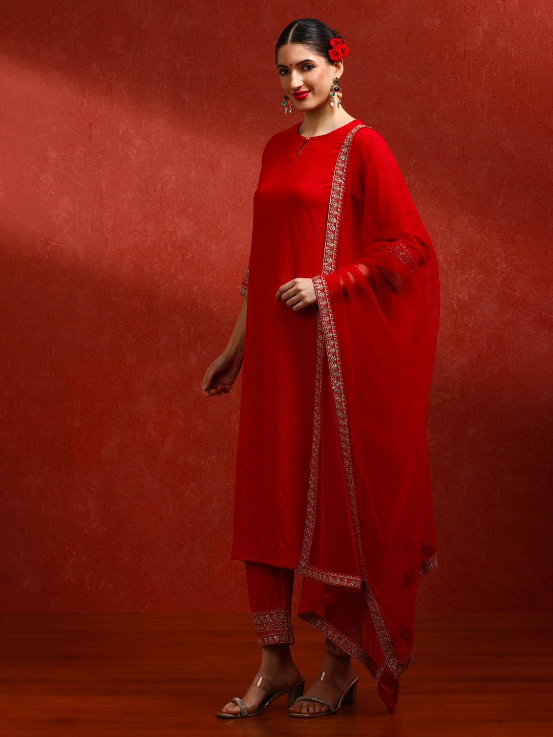 Sequin Embroidered Silk Blend Kurta Set With Net Dupatta