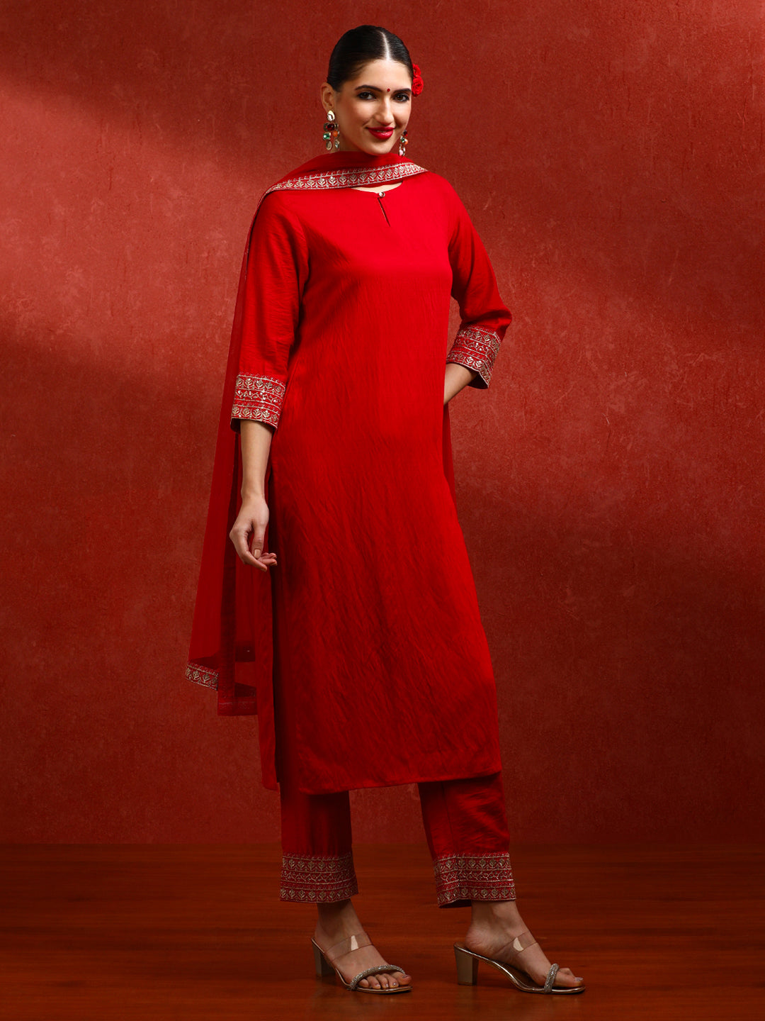 Sequin Embroidered Silk Blend Kurta Set With Net Dupatta