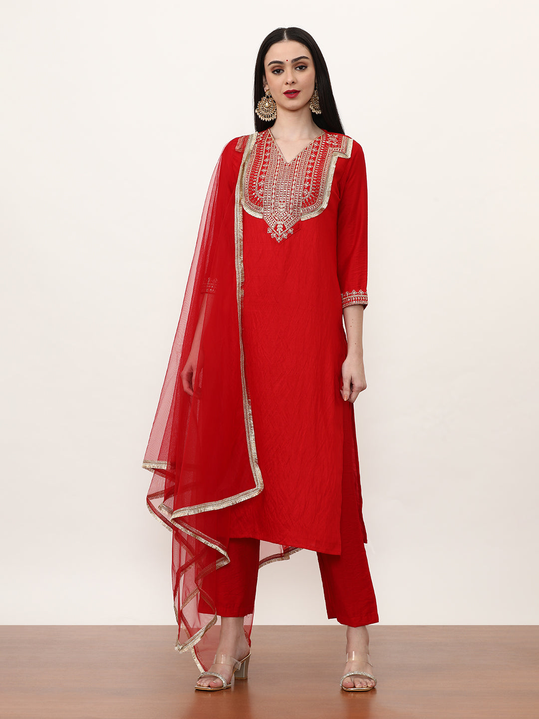 Embroidered Silk Blend Solid Kurta Sets With Net Dupatta