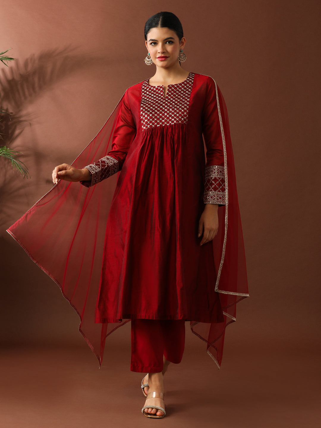 Floral Embroidered A-Line Chanderi Cotton Kurta & Trousers Sets