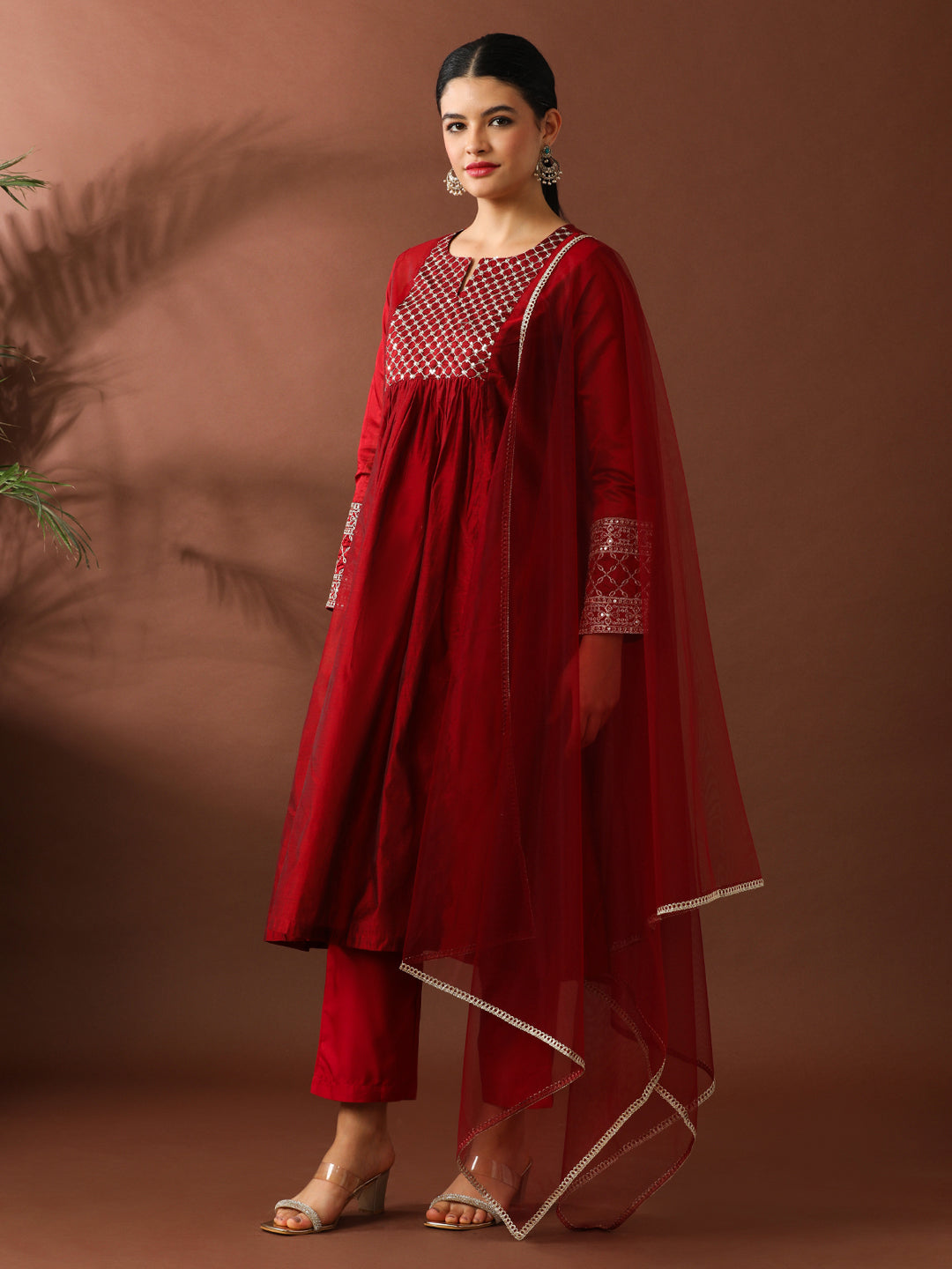 Floral Embroidered A-Line Chanderi Cotton Kurta & Trousers Sets