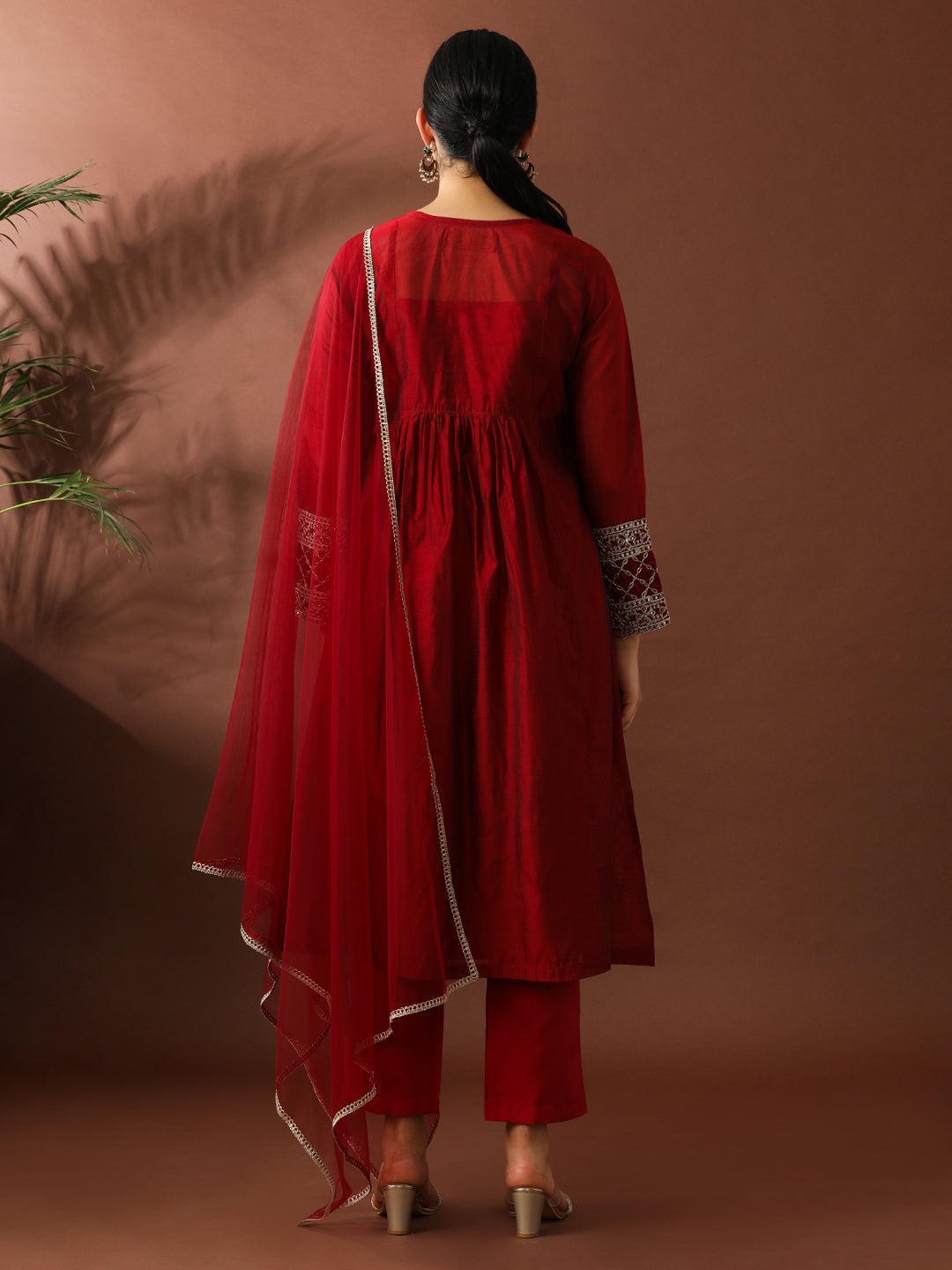 Floral Embroidered A-Line Chanderi Cotton Kurta & Trousers Sets