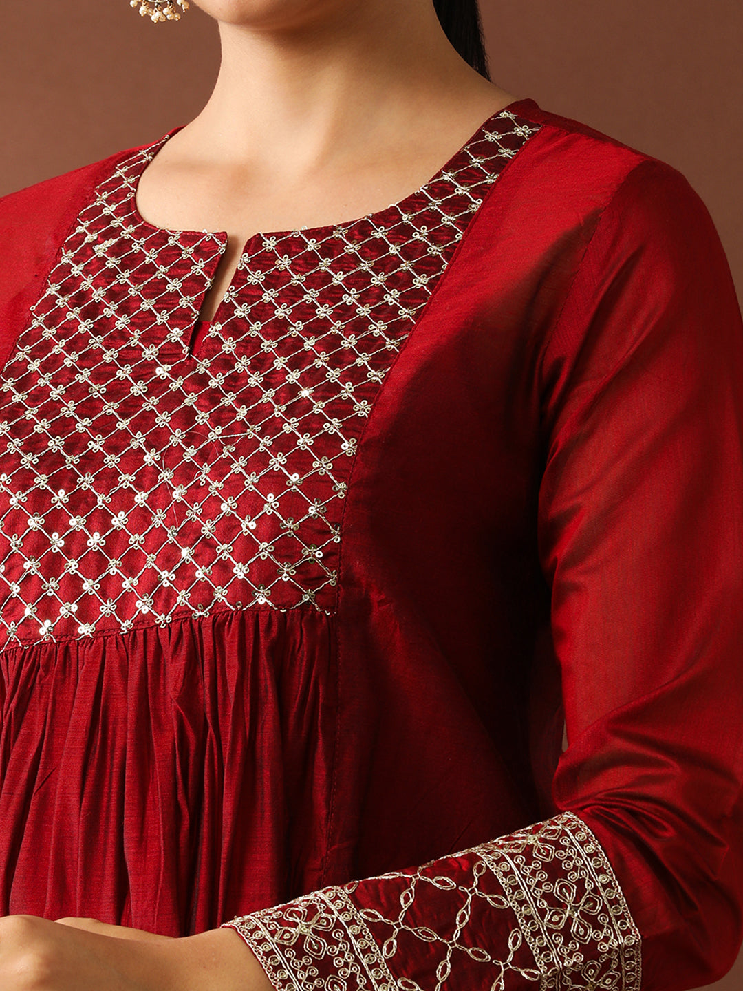 Floral Embroidered A-Line Chanderi Cotton Kurta & Trousers Sets