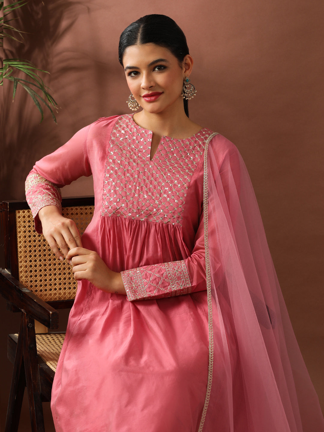 Floral Embroidered A-Line Chanderi Cotton Kurta & Trousers Sets