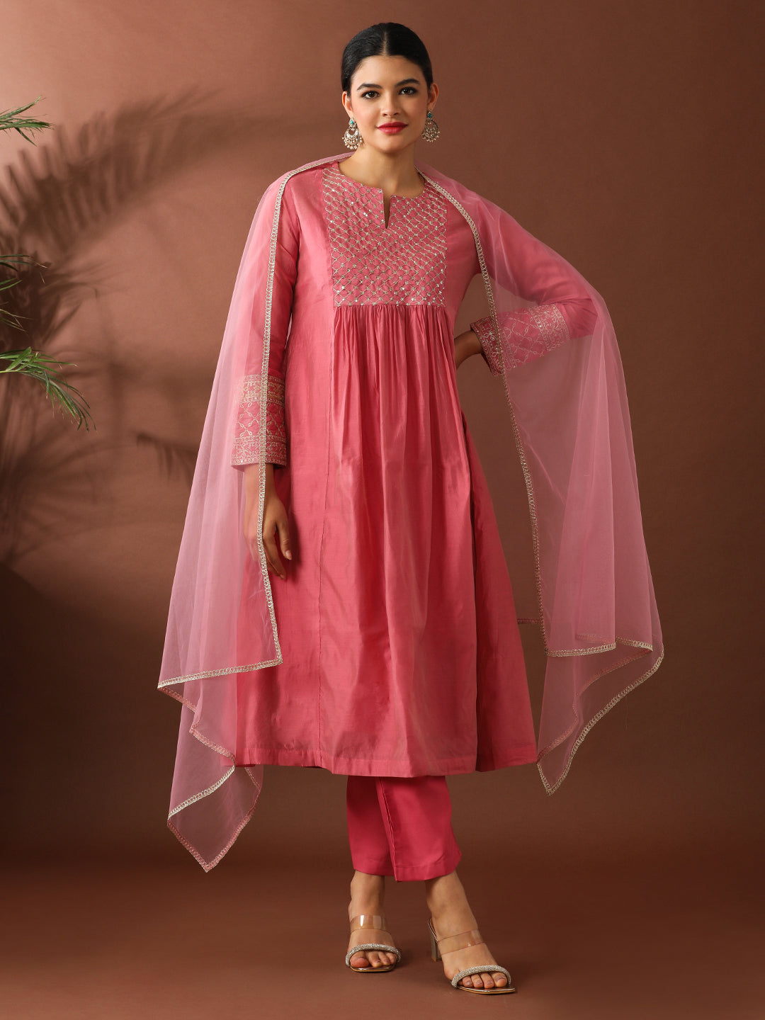 Floral Embroidered A-Line Chanderi Cotton Kurta & Trousers Sets