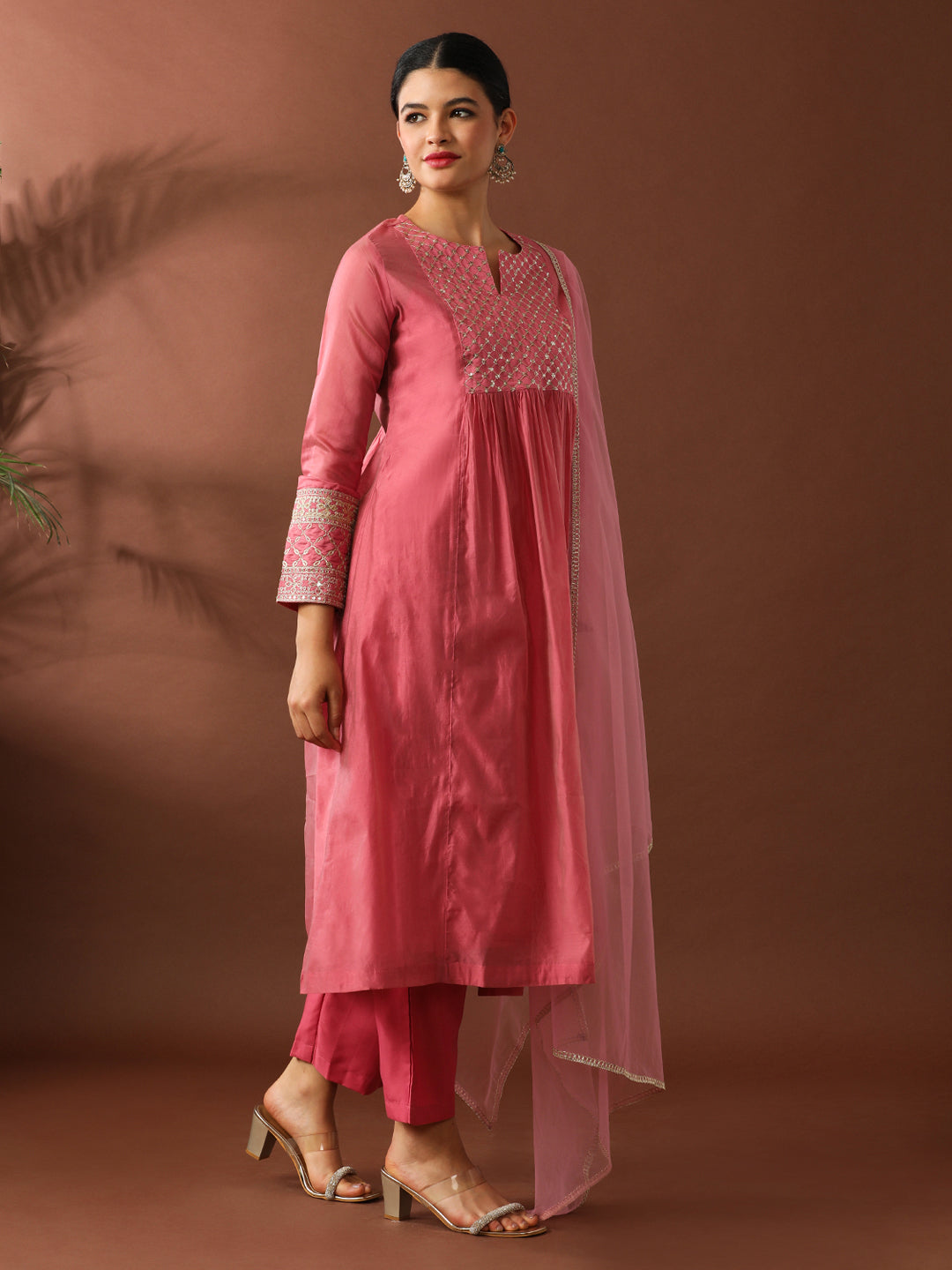 Floral Embroidered A-Line Chanderi Cotton Kurta & Trousers Sets