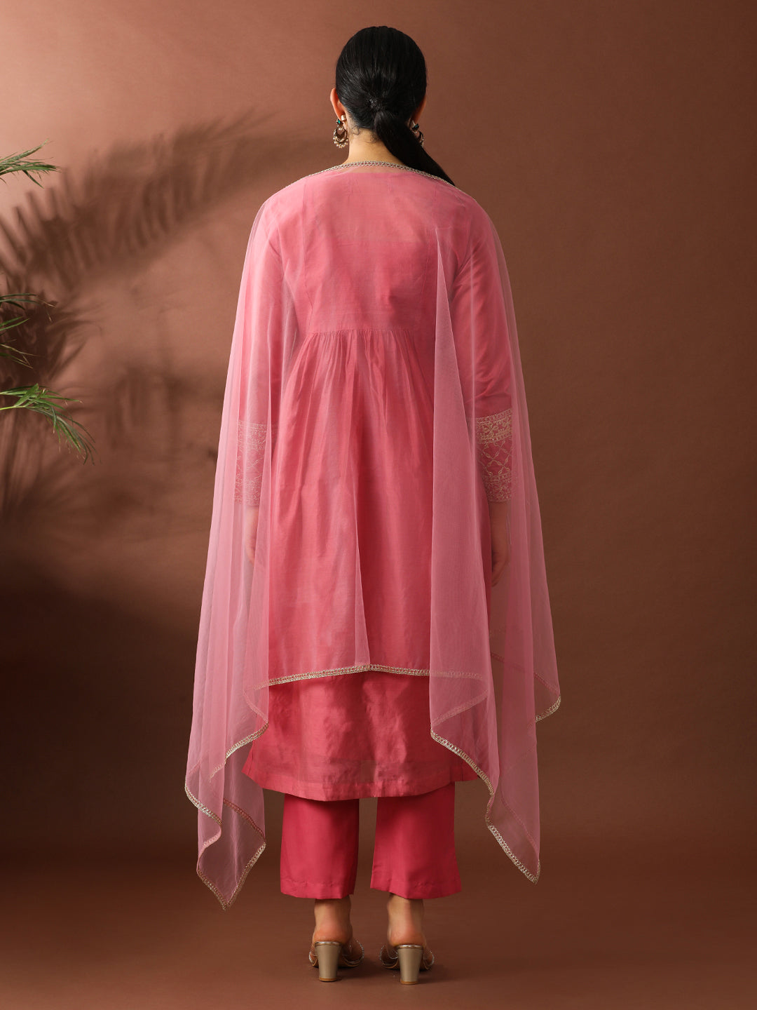 Floral Embroidered A-Line Chanderi Cotton Kurta & Trousers Sets