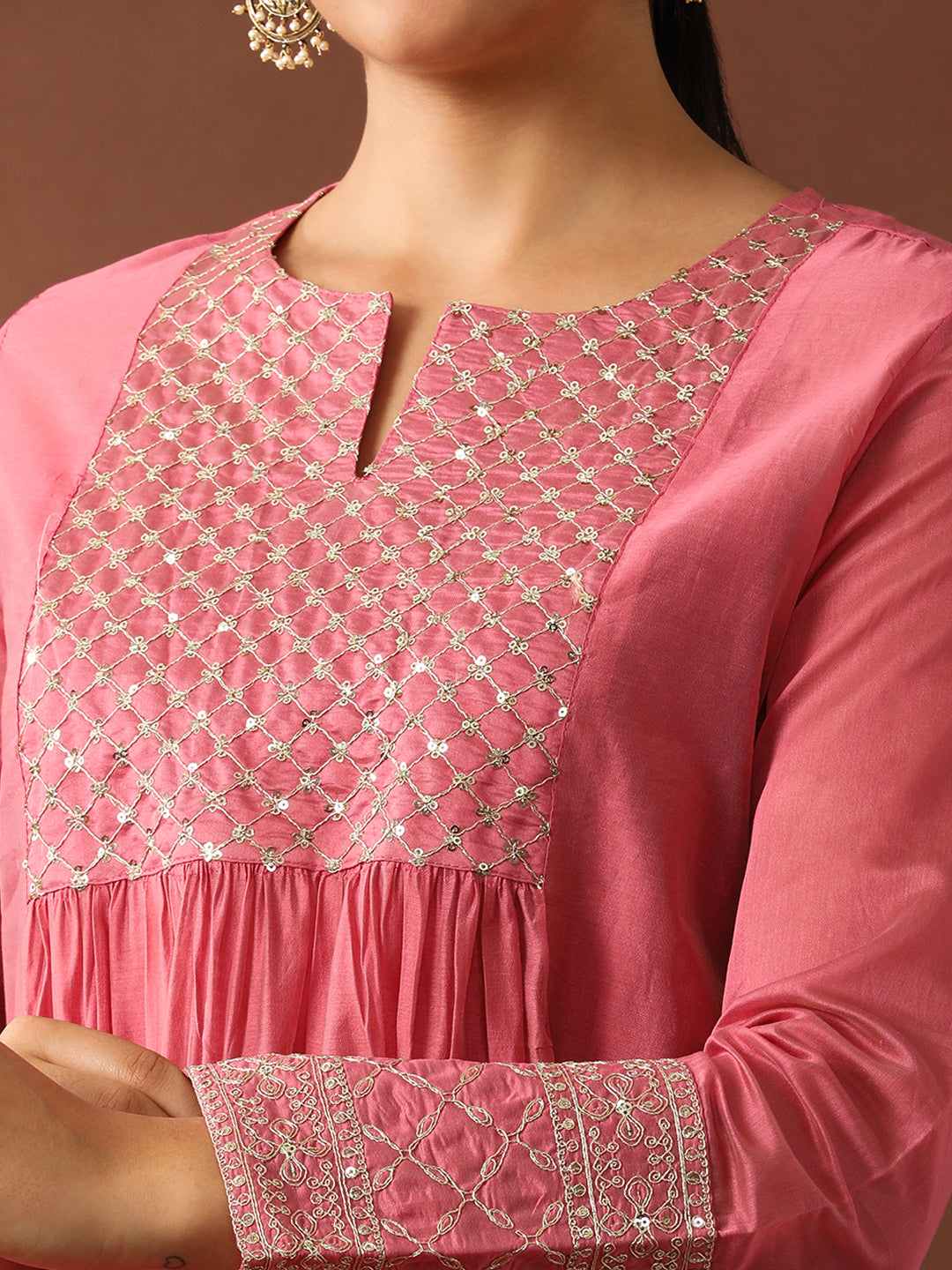 Floral Embroidered A-Line Chanderi Cotton Kurta & Trousers Sets