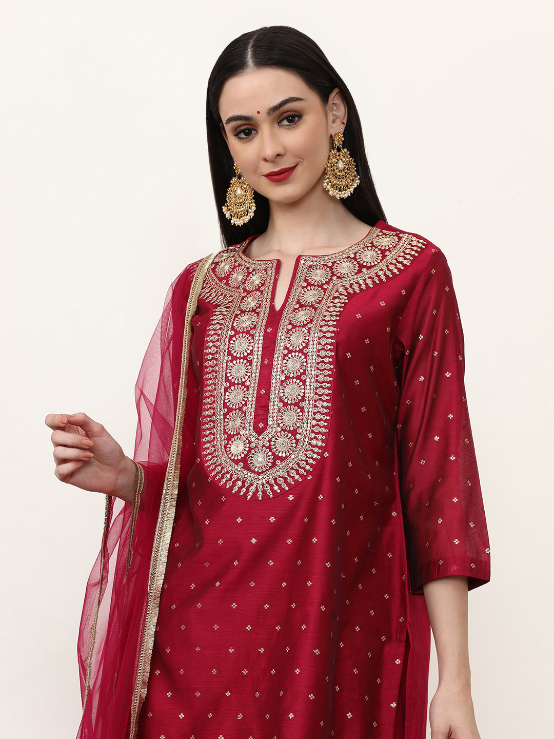 Embroidered Silk Blend Ethnic Motifs Kurta Sets With Net Dupatta