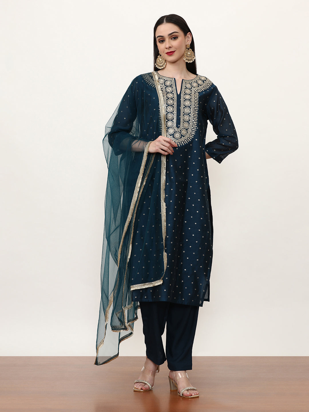 Embroidered Silk Blend Ethnic Motifs Kurta Sets With Net Dupatta