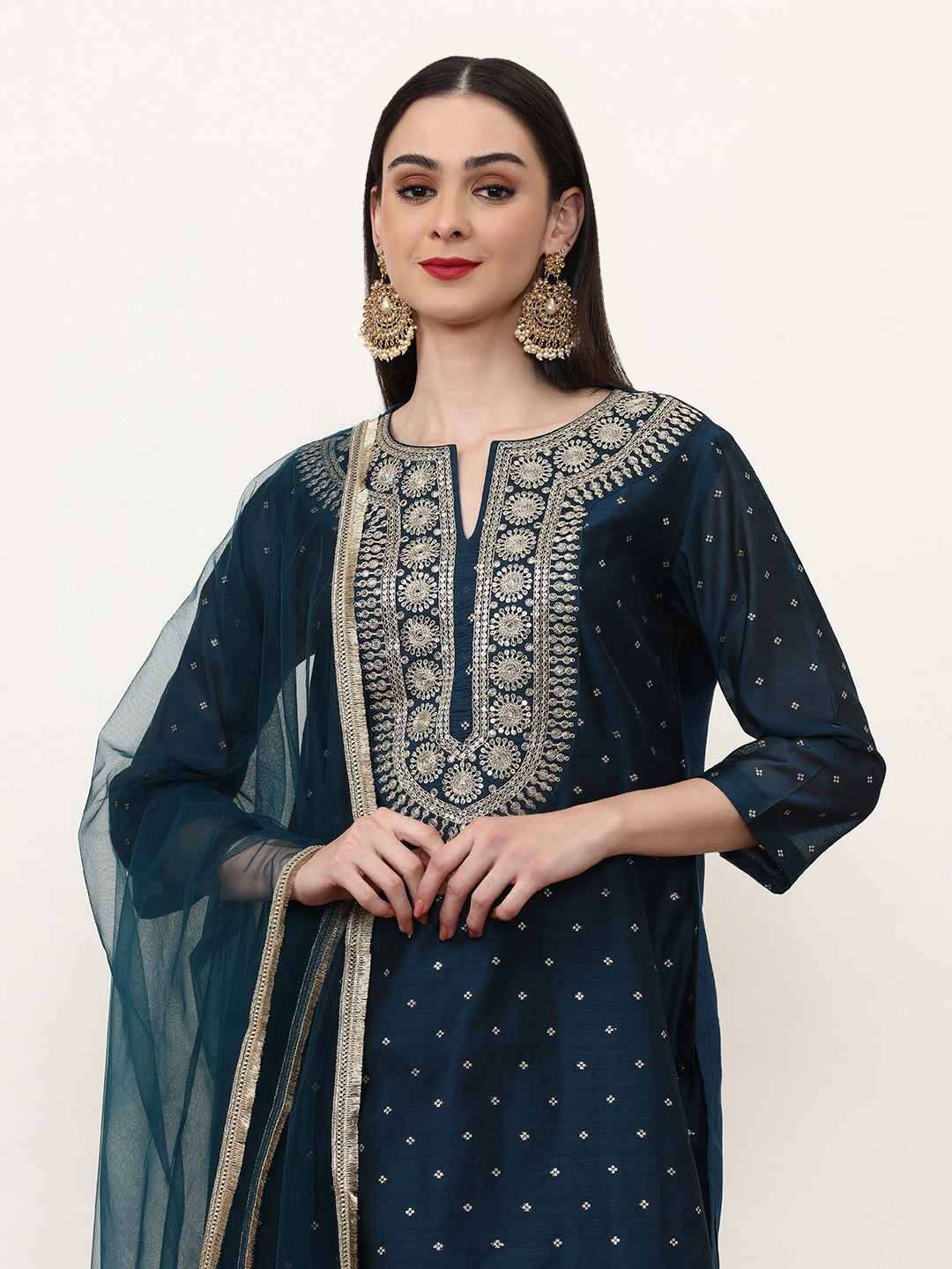 Embroidered Silk Blend Ethnic Motifs Kurta Sets With Net Dupatta