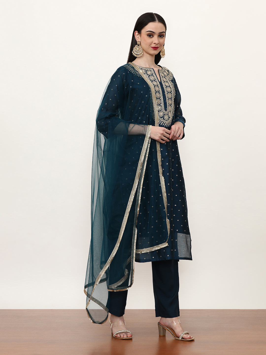 Embroidered Silk Blend Ethnic Motifs Kurta Sets With Net Dupatta