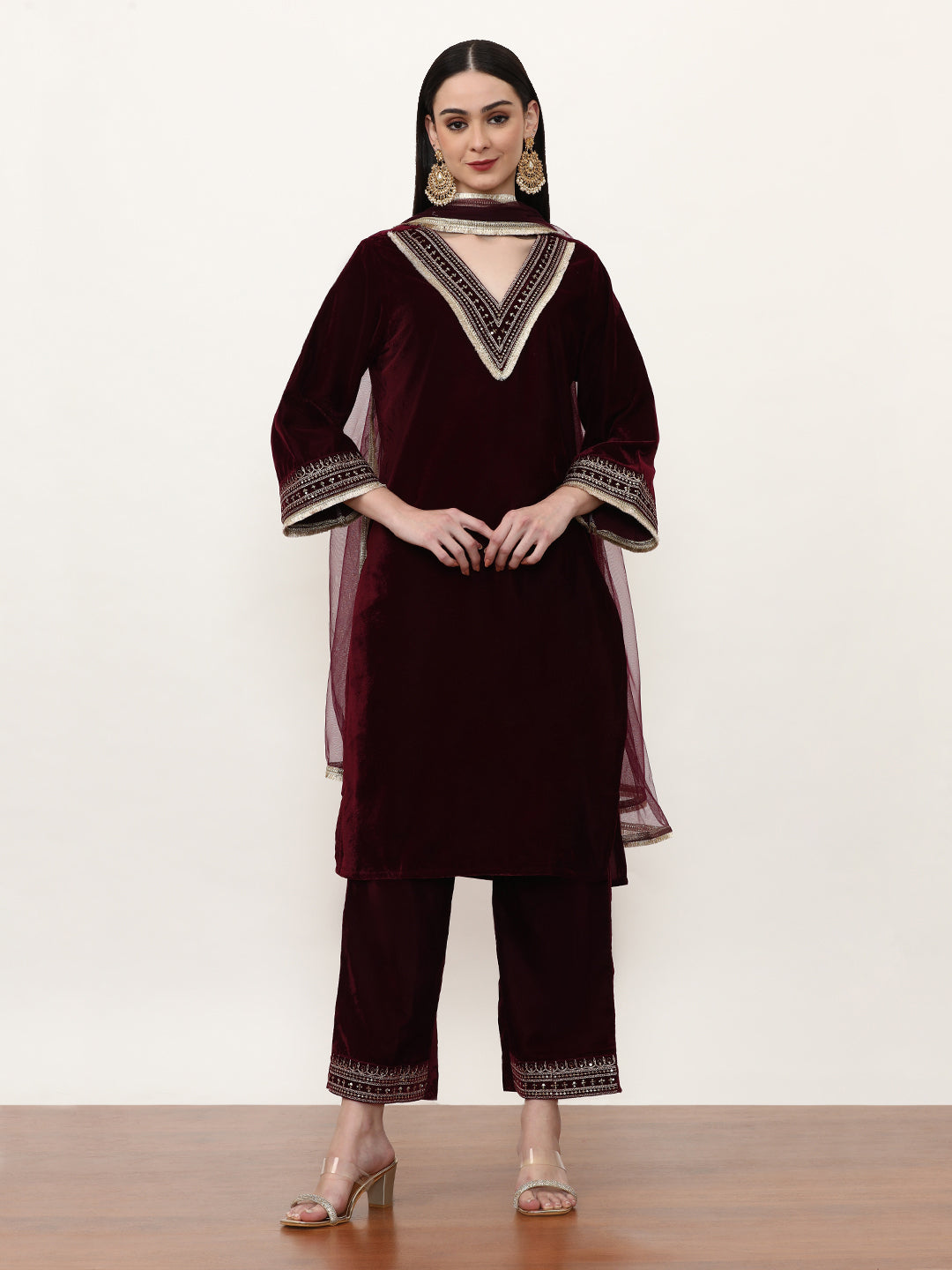 Embroidered Velvet Ethnic Motifs Kurta Sets With Net Dupatta