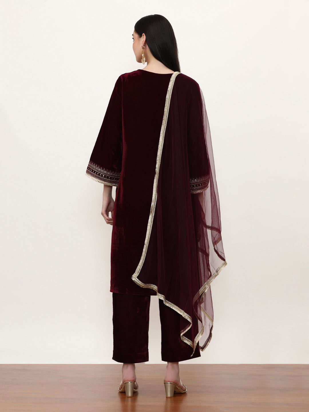 Embroidered Velvet Ethnic Motifs Kurta Sets With Net Dupatta