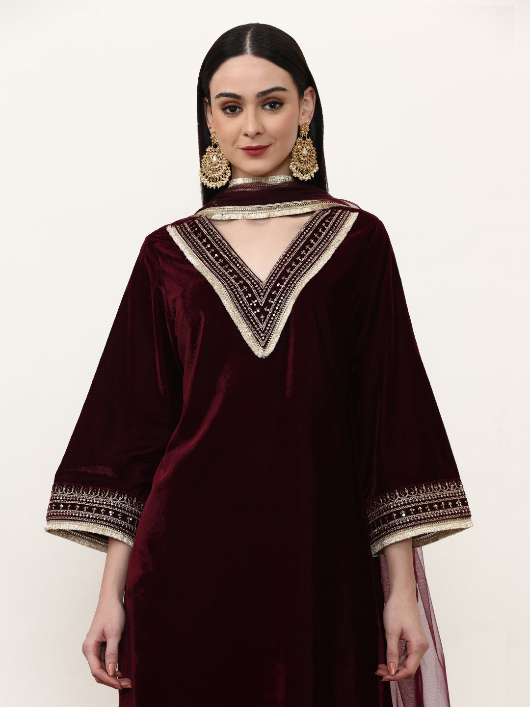Embroidered Velvet Ethnic Motifs Kurta Sets With Net Dupatta
