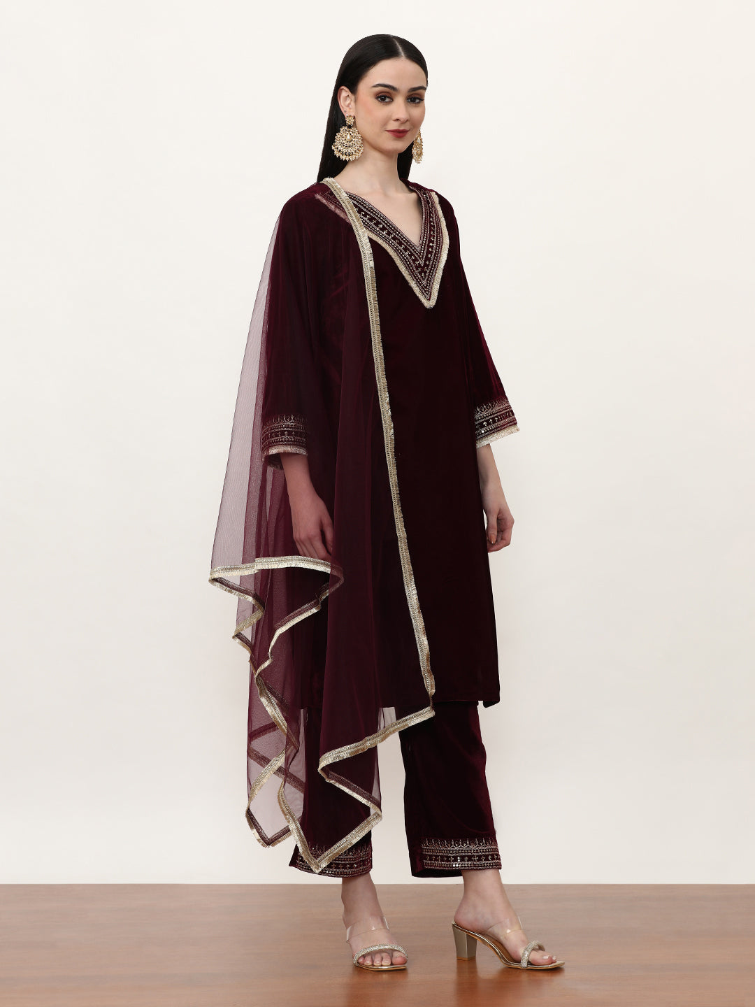Embroidered Velvet Ethnic Motifs Kurta Sets With Net Dupatta