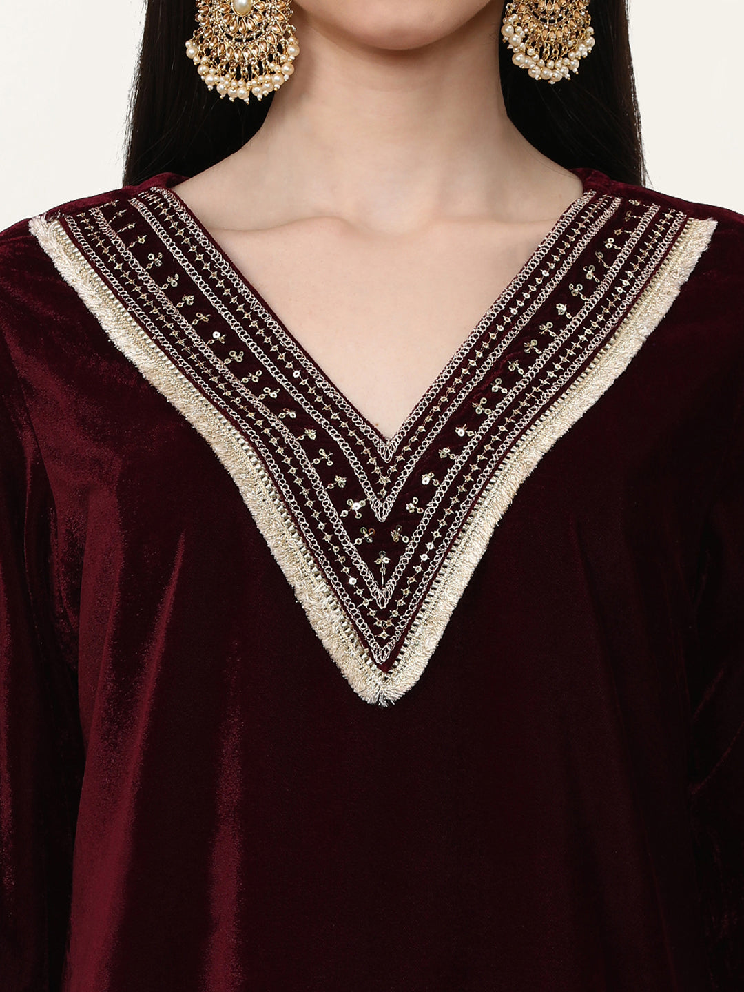 Embroidered Velvet Ethnic Motifs Kurta Sets With Net Dupatta