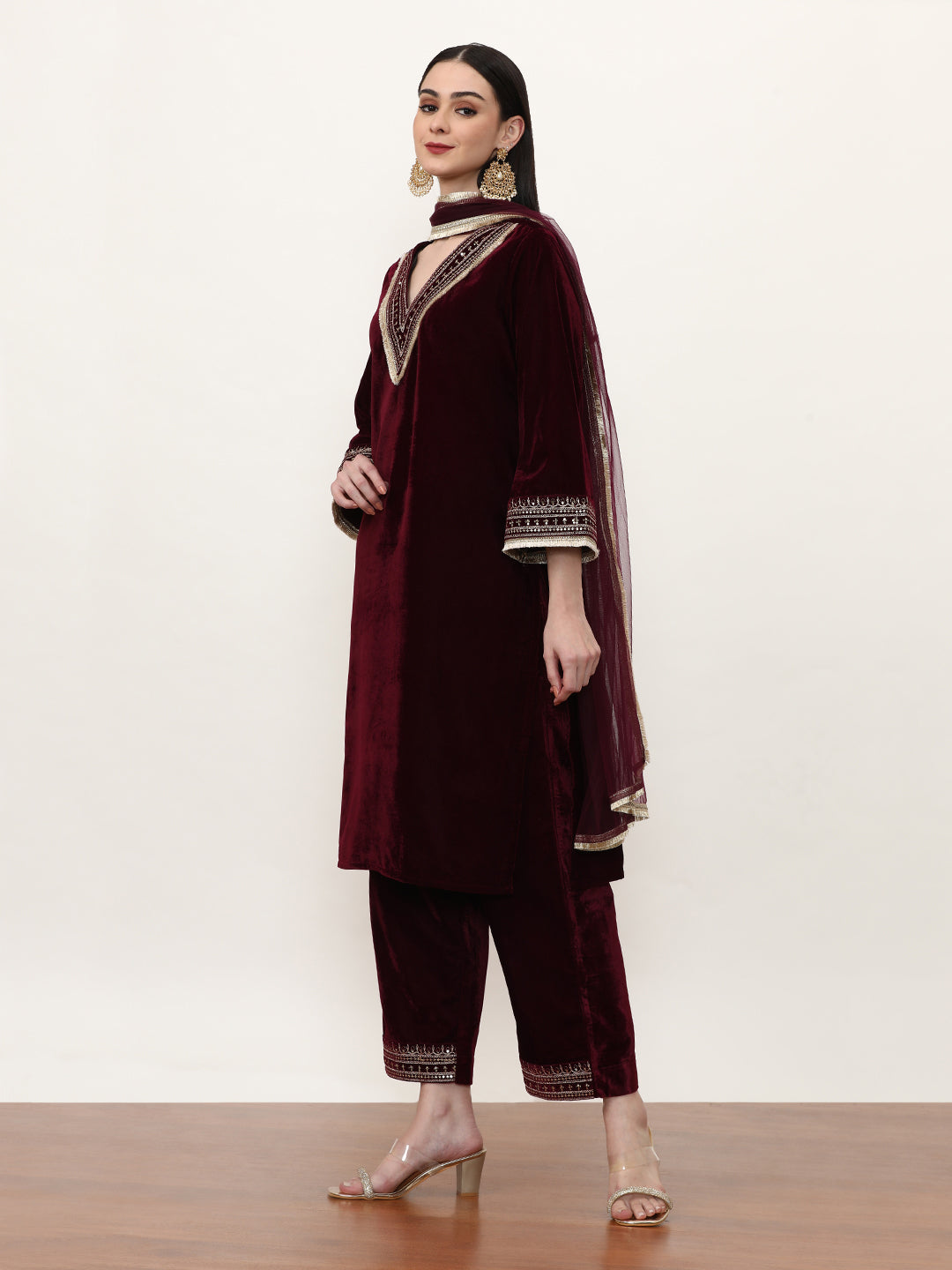 Embroidered Velvet Ethnic Motifs Kurta Sets With Net Dupatta
