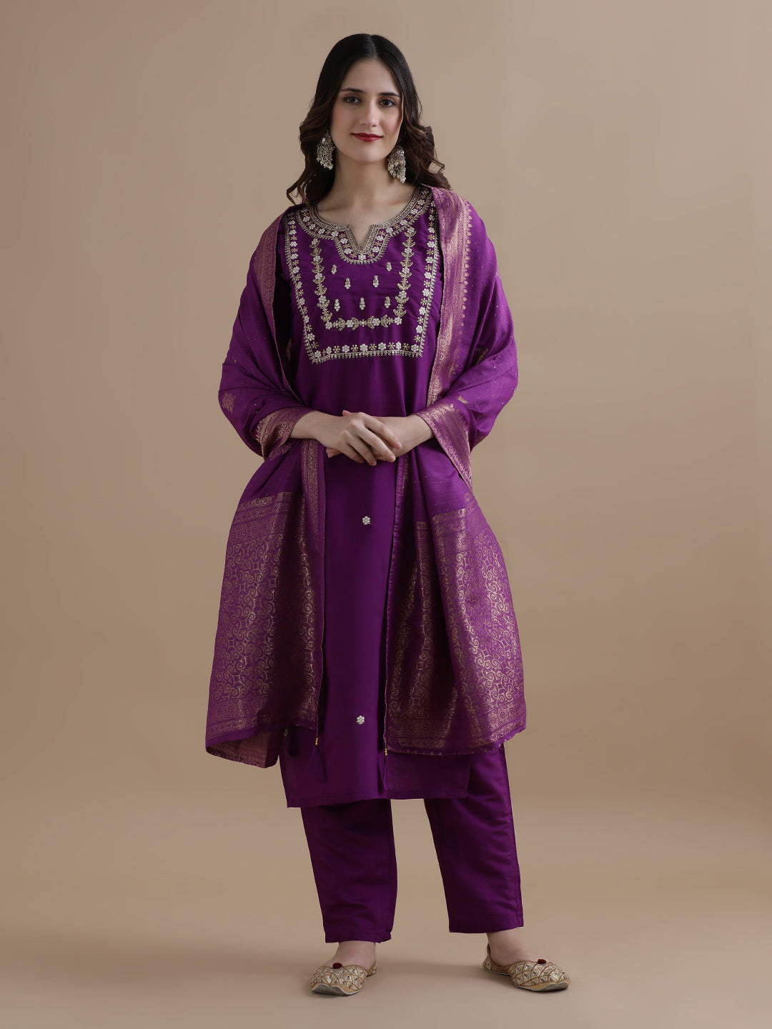 Embroidered Chanderi Cotton Ethnic Motifs Kurta Sets With Dupatta