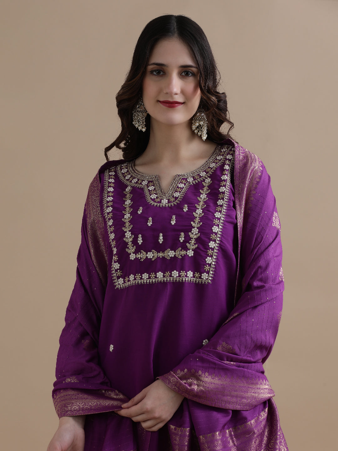 Embroidered Chanderi Cotton Ethnic Motifs Kurta Sets With Dupatta