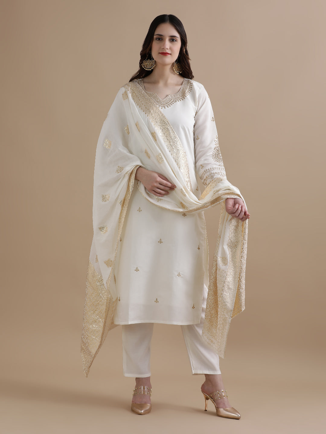 Embroidered Chanderi Cotton Ethnic Motifs Kurta Sets With Dupatta