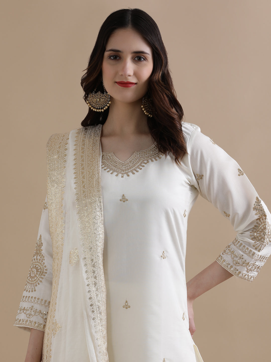 Embroidered Chanderi Cotton Ethnic Motifs Kurta Sets With Dupatta