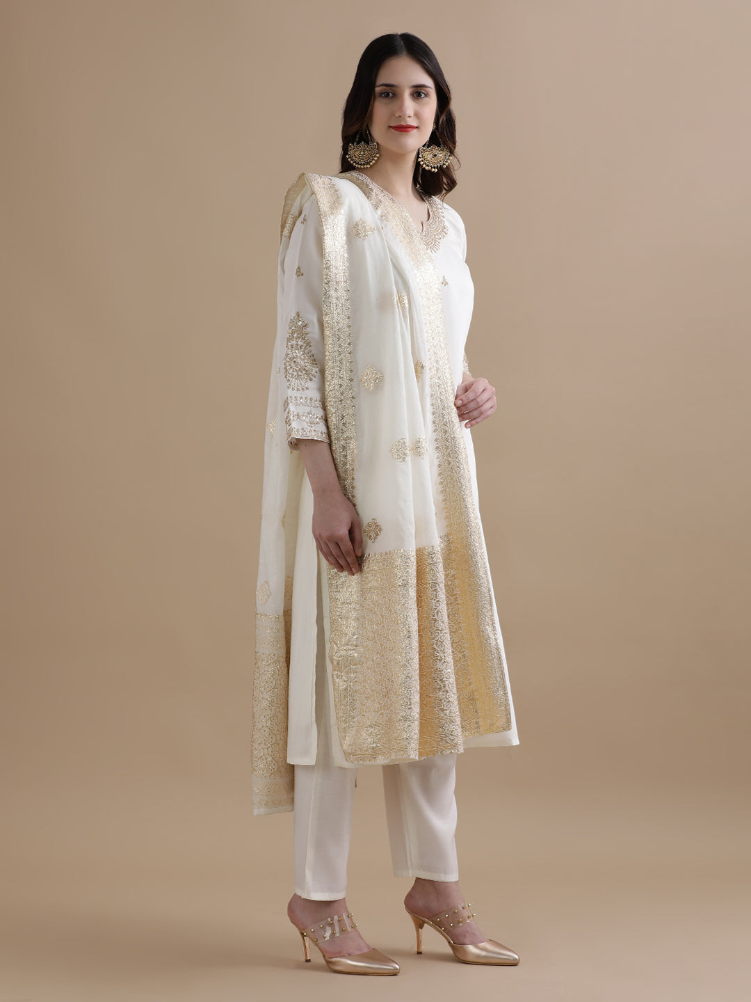 Embroidered Chanderi Cotton Ethnic Motifs Kurta Sets With Dupatta