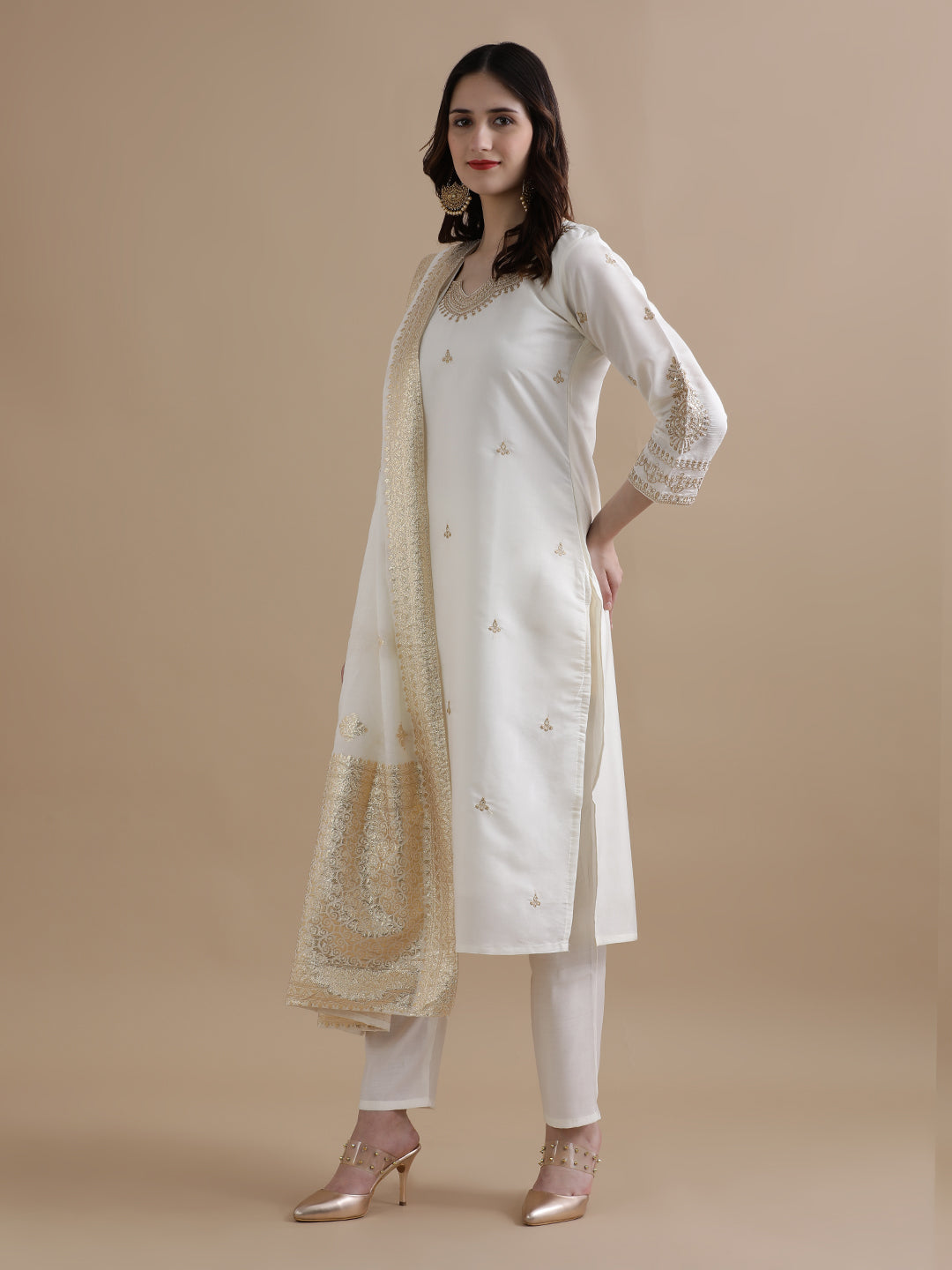 Embroidered Chanderi Cotton Ethnic Motifs Kurta Sets With Dupatta