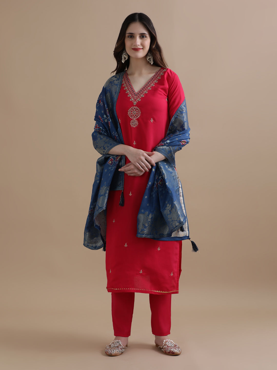 Embroidered Chanderi Cotton Ethnic Motifs Kurta Sets With Dupatta