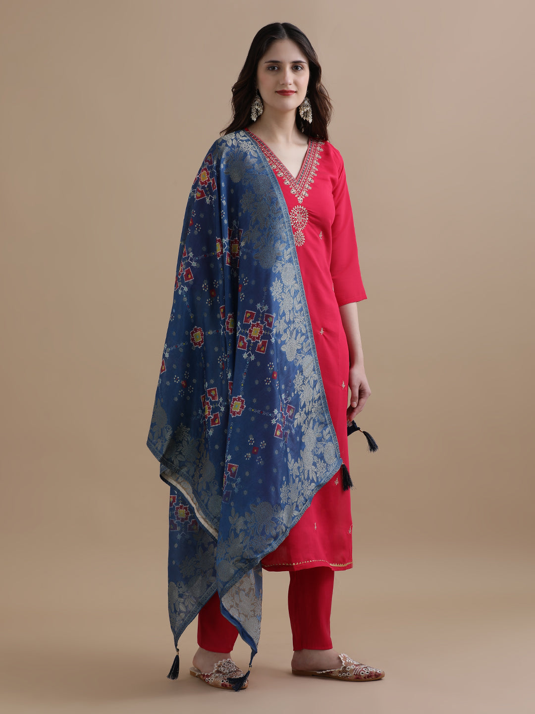 Embroidered Chanderi Cotton Ethnic Motifs Kurta Sets With Dupatta