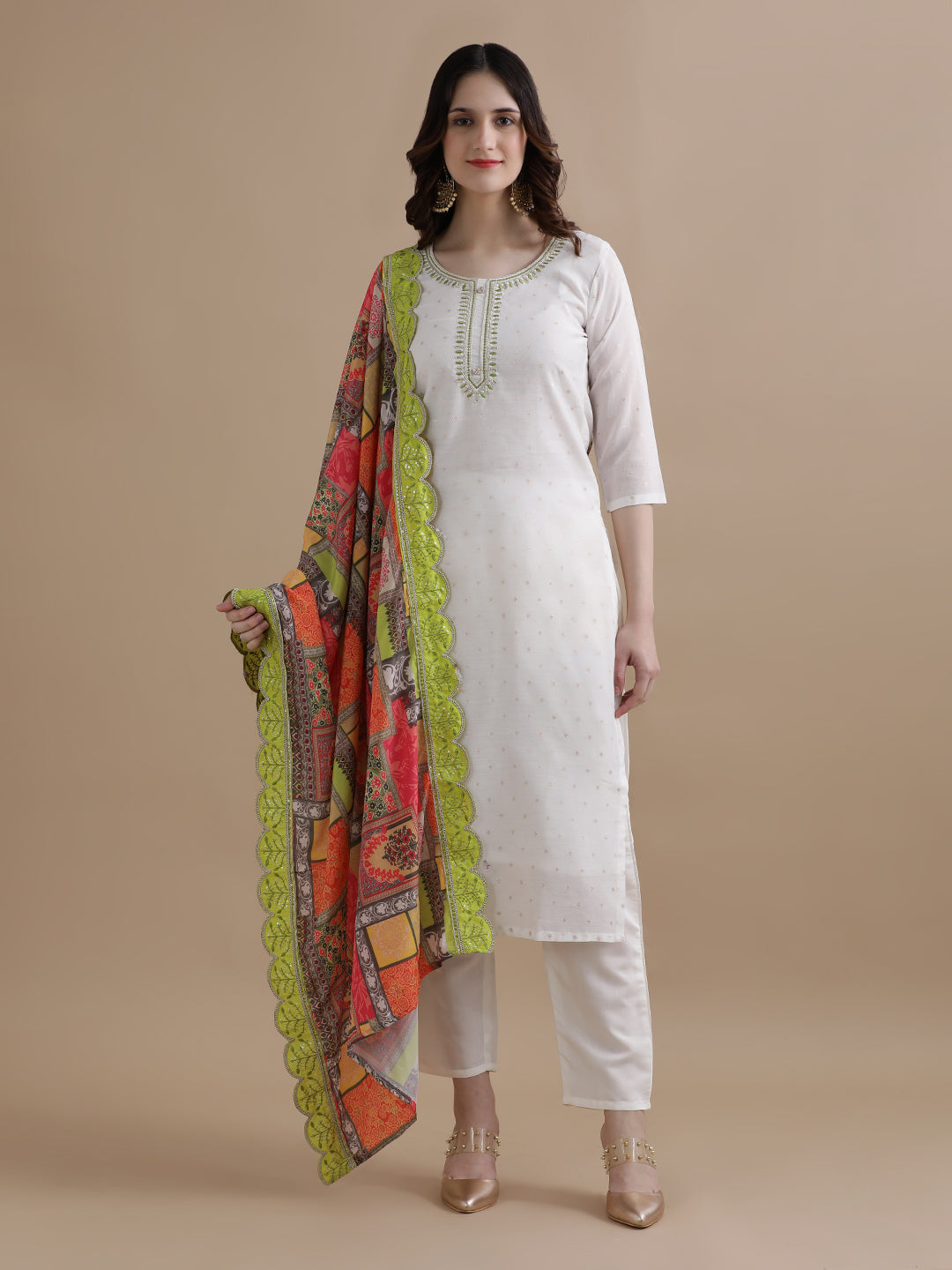 Embroidered Cotton Blend Ethnic Motifs Kurta Sets With Dupatta