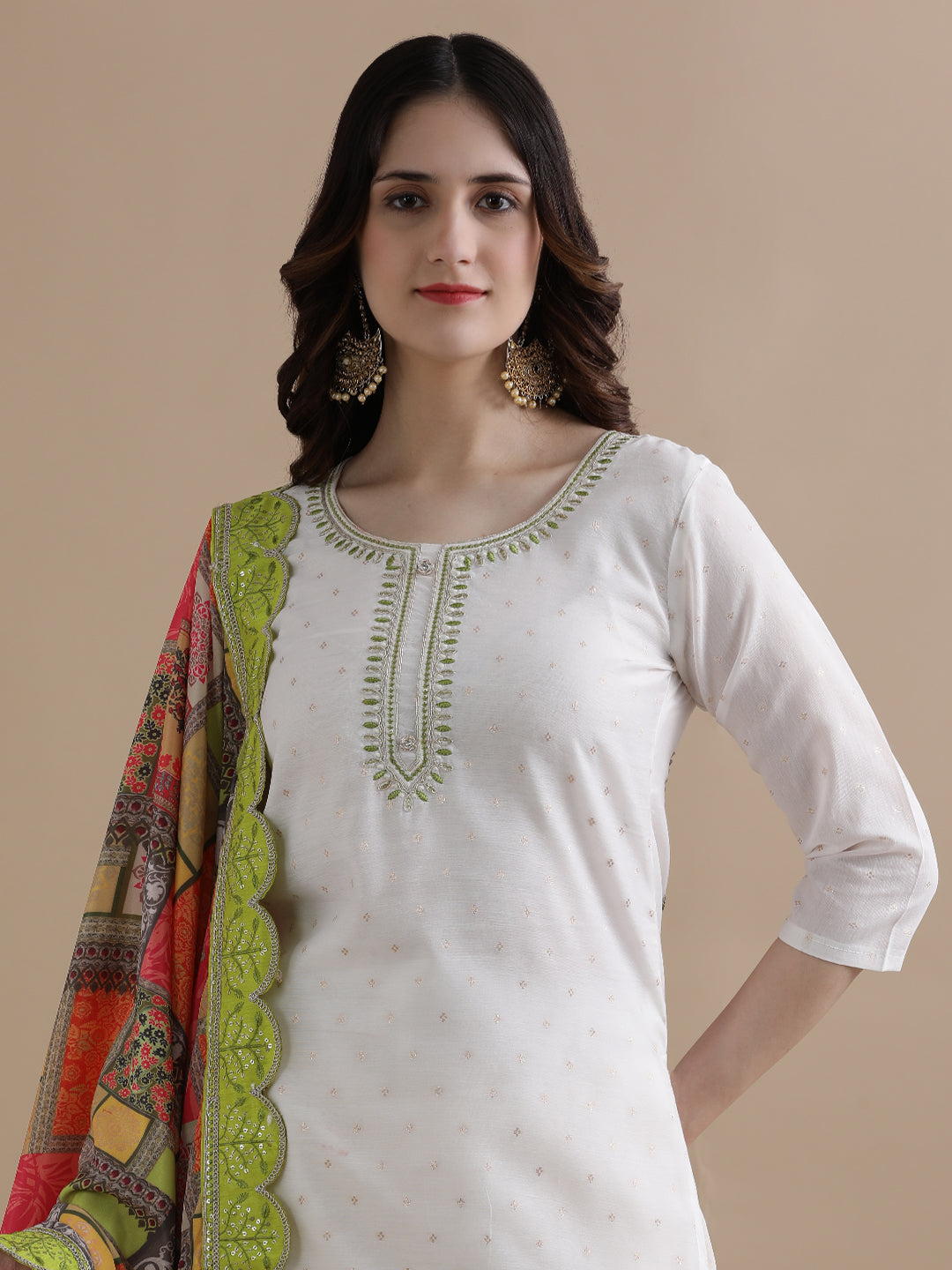 Embroidered Cotton Blend Ethnic Motifs Kurta Sets With Dupatta