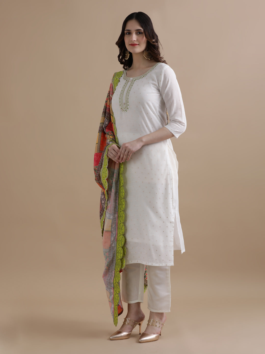 Embroidered Cotton Blend Ethnic Motifs Kurta Sets With Dupatta