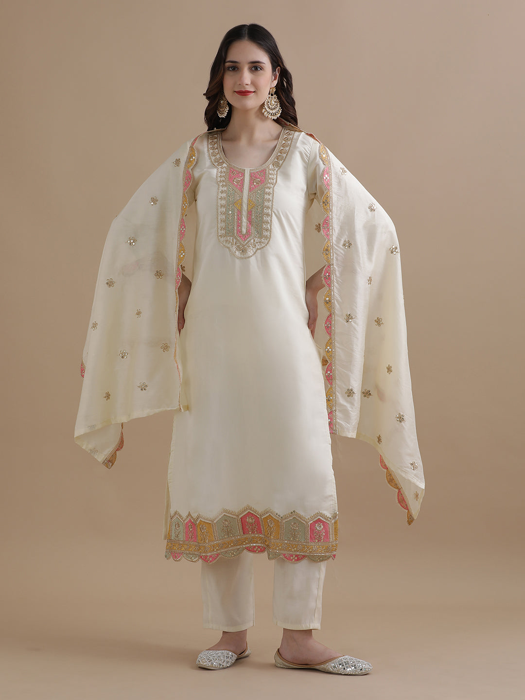 Embroidered Chanderi Cotton Ethnic Motifs Kurta Sets With Dupatta